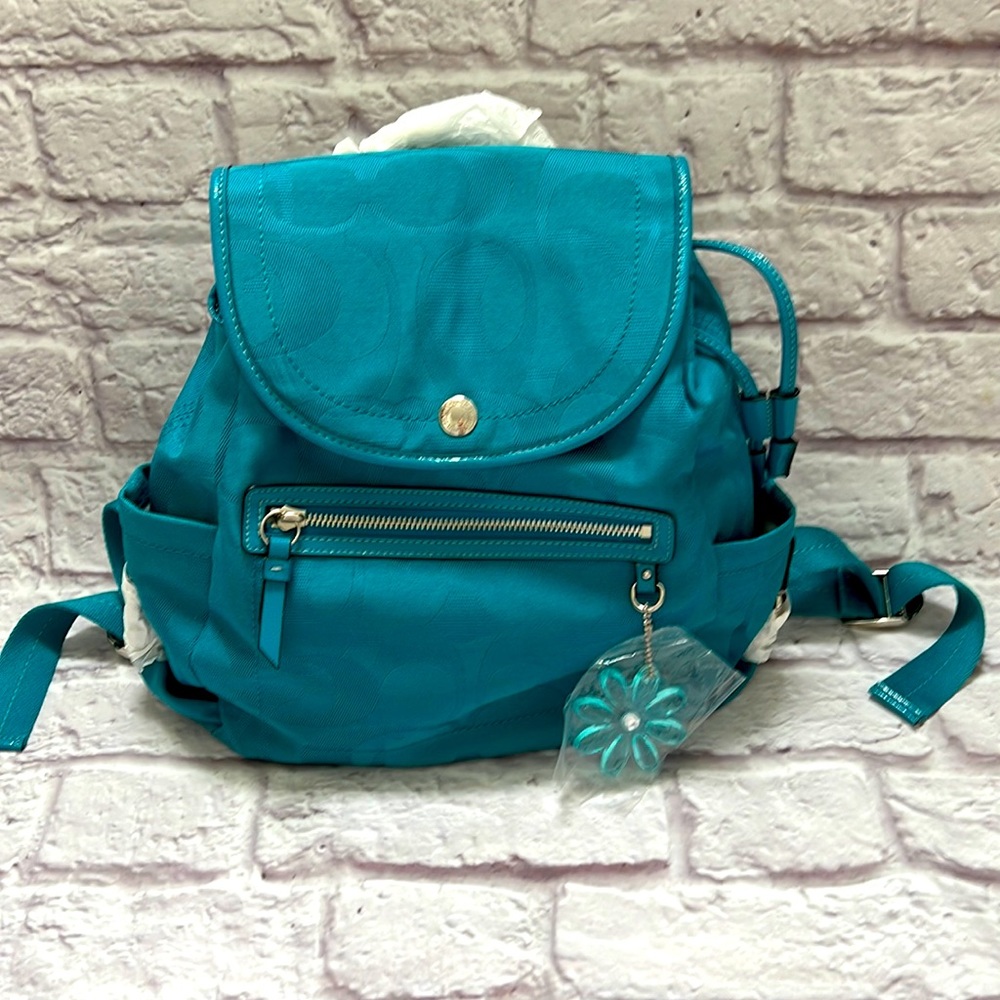 Coach Aqua canvas backpack with patent leather trim EUC